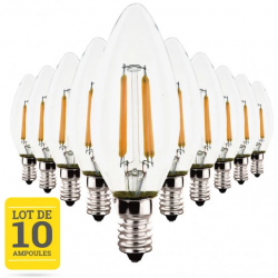 Lot de 10 ampoules LED flamme à filaments E14 4W blanc chaud - Verre transparent - variable