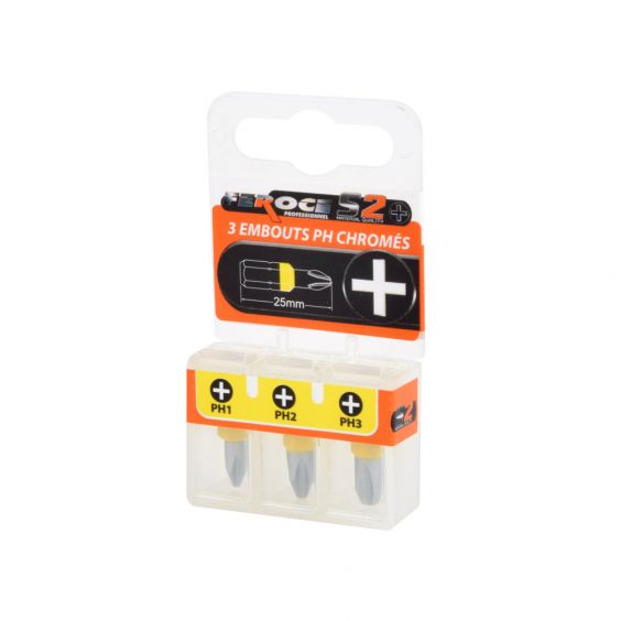 Jeu de 3 Embouts Cruciforme PH1 PH2 PH3 x25mm FEROCE