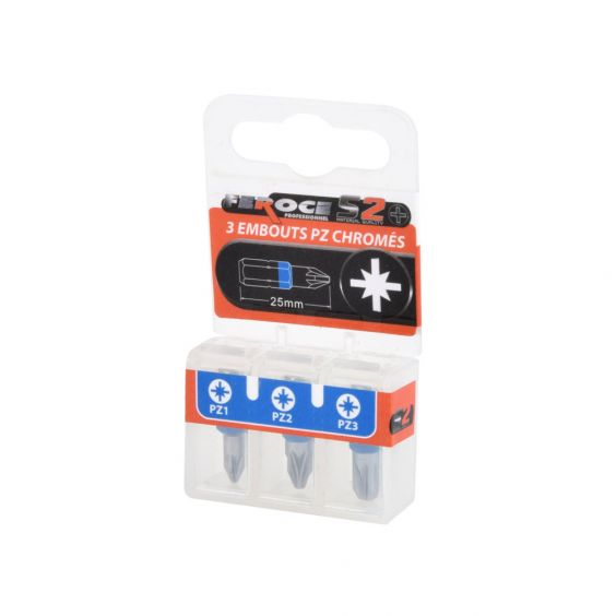 Jeu de 3 Embouts Pozidriv PZ1 PZ2 PZ3 x25mm FEROCE