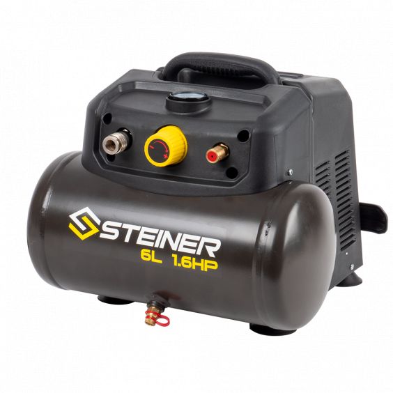 Compresseur portable 6L 1.6CV sans huile STEINER + kit pneumatique 12 pièces