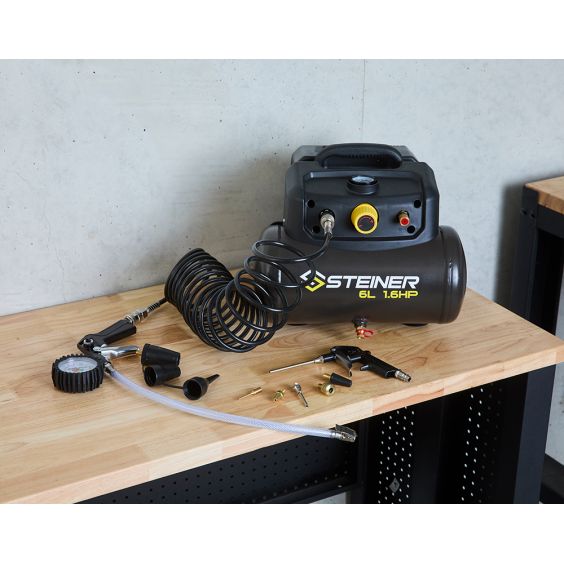 Compresseur portable 6L 1.6CV sans huile STEINER + kit pneumatique 12 pièces