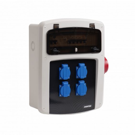 Coffret de chantier avec 4 prises monophasées + 1 Prise Tétrapolaire 16A OHMTEC