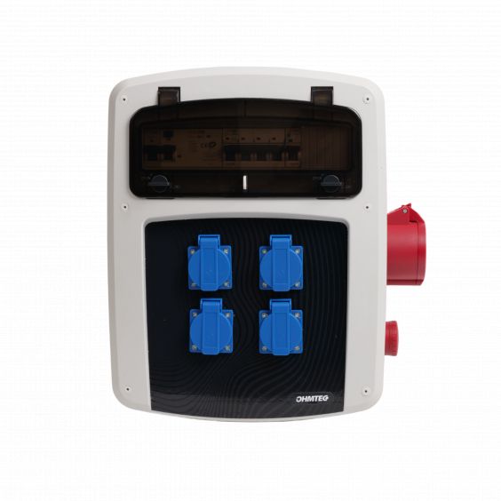 Coffret de chantier avec 4 prises monophasées + 1 Prise Tétrapolaire 32A OHMTEC