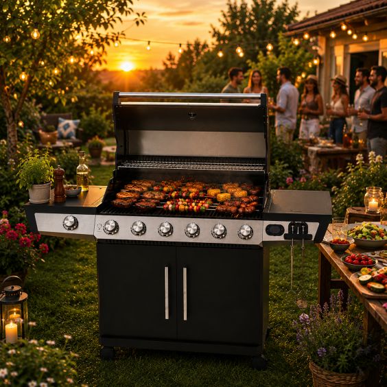 Barbecue gaz ROSTER 7 brûleurs dont 1 latéral avec planchas et grilles de cuisson combinées